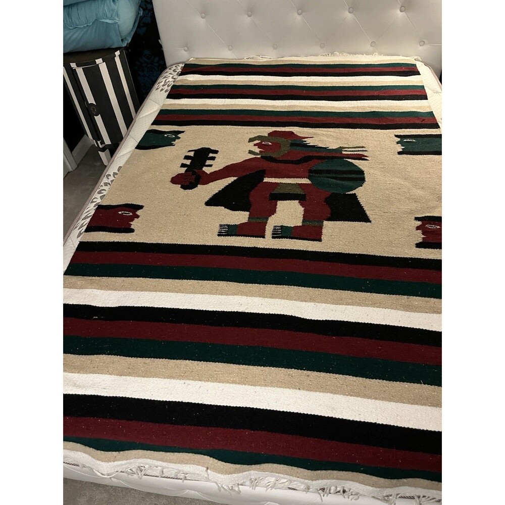 Vintage Aztec Warrior Handwoven Fringe Blanket